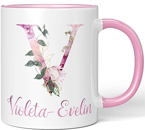 JUNIWORDS Tasse, Violeta-Evelin, Name Anfangsbuchstabe Initial Alphabet Floral Buchstabe V Monogramm Motiv, Rosa (5548133)