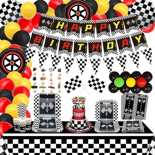 Fournitures de fête d'anniversaire de voiture de course - Décorations de fête sur le thème de la voiture - Pour 20 ans - Bannière « Happy Birthday » - Assiette en carton - Nappe à carreaux -
