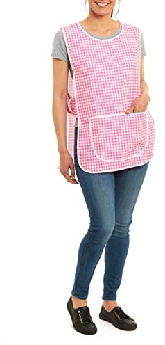ER Direct Womens Home Work Kitchen Catering Cleaning Bar Plus Size Plain Printed Coloured Large Pocket Side Fastening Tabard Apron (Gingham-Pink, M)