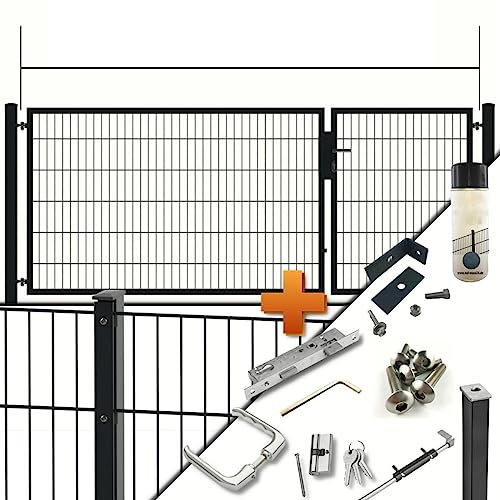 auf-mass24 Doppelstabmatte Zaun Set Doppeltor 2-FLG. B= 3,00m Asymetrisch RAL7016 anthrazit Zaunanlage Abdeckleiste Einfahrt (32.5, 1.83)
