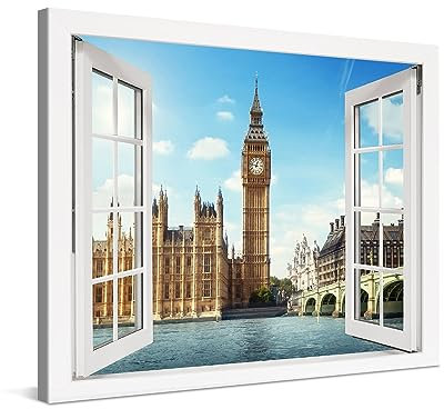 PICANOVA – Leinwandbild 80x60cm London Big Ben Fenster – Leinwanddruck – Wandbild Kunstdruck Auf 2cm Holz-Keilrahmen Für Schlaf- Und Wohnzimmer Wanddekoration – Bild auf Leinwand