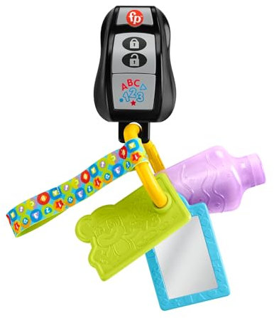 FISHER-PRICE Lernspaß Activity-Schlüssel - Stoffschlaufe mit 4 Spielzeugen zum Thema Reisen, für Säuglinge und Kleinkinder von 6 Monate bis 3 Jahre,deutsche Version, HXF50