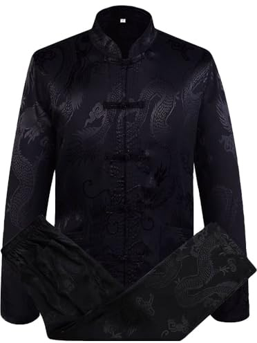 Rubruan Vêtements chinois Costume pour hommes - Costume traditionnel classique d'arts martiaux Kung Fu Tai Chi Qigong Manches longues Dragon Motif Performance Uniforme pour hommes, Noir , L