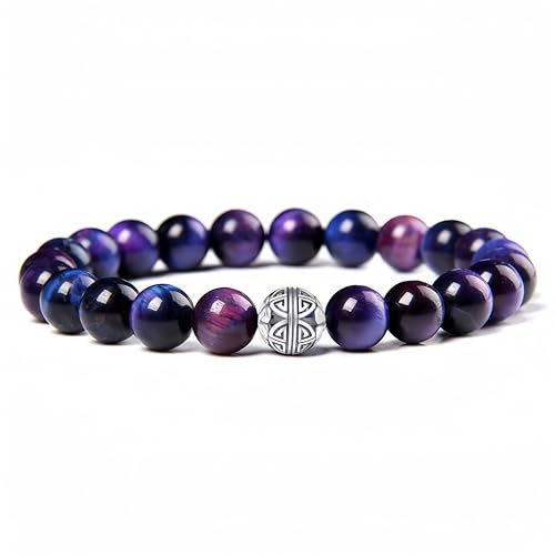 Natürliche 8 mm Edelsteine MetJakt Heilung Crystal Stretch Perlen Armband Armreif mit 925 Sterling Silber Double Happiness Anhänger (Sternenhimmel-Tigerauge)