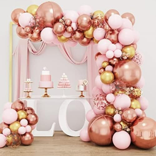 KISVA 180pcs Rose Gold Balloon Arch Kit| Extra Air Pump| Garland Kit With Rose Gold Balloons, Pink Balloon Arch Kit For Girls, Women Birthday Party Decoration, Baby Shower & Bridal Shower