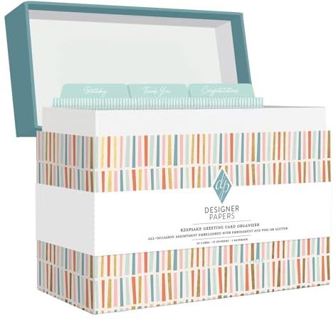 Designer Papers All-Occasion Greeting Card Boxed Assortment (24 Cards with Envelopes) Multicolor Striped Organizer Box – Birthday, Thank You, Get Well, Sympathy, Wedding, New Baby and Congratulations