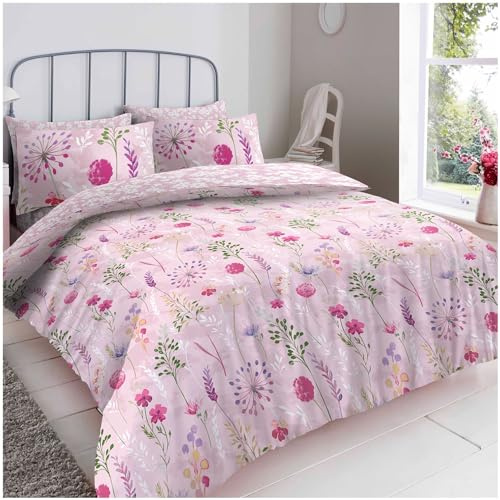 GC GAVENO CAVAILIA Floral Double Bedding Set - 4 Piece - Reversible Duvet Cover, Fitted Sheet and Matching Pillowcases - Soft Polycotton Easy Care Complete Quilt Set with Elegant Flower Design, Pink
