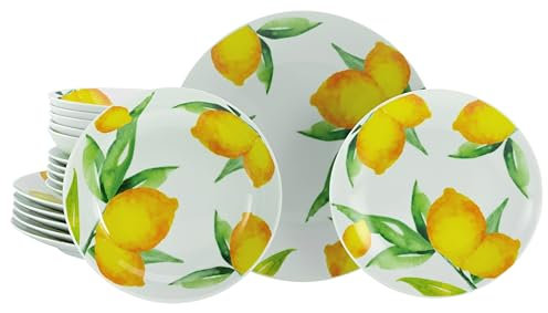 CreaTable, 21851, Serie Luna Limoncello, 18-teiliges Geschirrset, Tafelservice aus Porzellan, spülmaschinen- und mikrowellengeeignet, Qualitätsproduktion