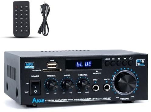 NEOHIPO AK45 - Amplificador de audio estéreo con Bluetooth, receptor de 12 V/220 V, 400 W, 2 canales, amplificador digital de sonido, con radio FM, entrada de tarjeta SD/USB, para casa o coche