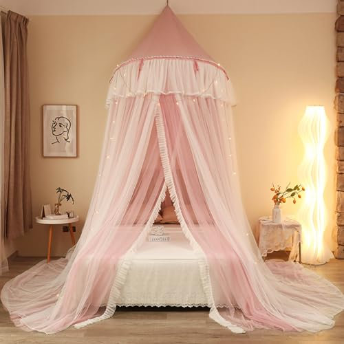 Walkervo Moskitonetz Bett Baldachin Baldachin Kinderzimmer Mit Lichtern Betthimmel Moskitonetz Doppelbett Einzelbett Dekoratives Prinzessin Zelt Kinderzimmer Hängevorhang Und Leseecke,Pink