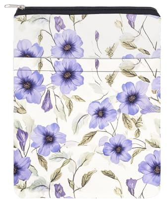 NICENEEDED Blue Flower Pouch with Front Pocket, Portable Waterproof Book Sleeve with Zipper, Washable Protector for Notebooks, Hardcover and Paperback
