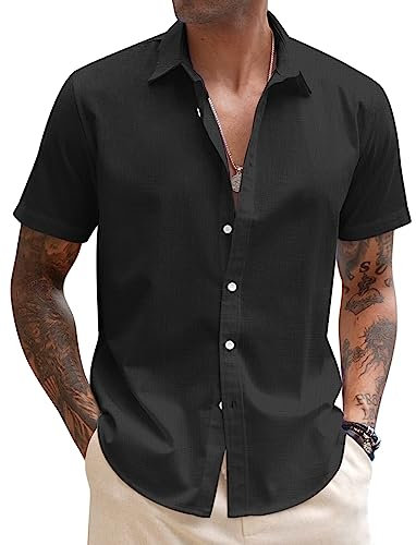 COOFANDY Mens Shirt Short Sleeve Summer Linen Shirts Casual Holiday Shirt Regular Fit Beach Tops Black M