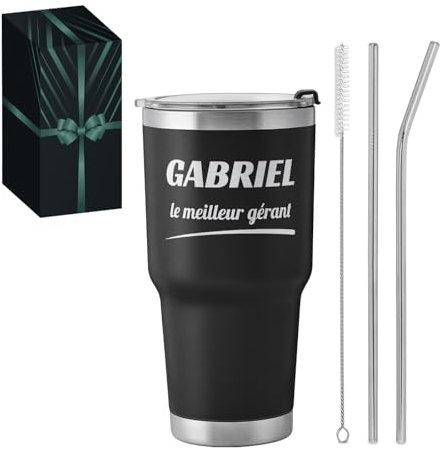 Maverton Mug Isotherme Cafe 800 ml Noir avec personnalisation - Gobelet avec Paille en Acier Inoxydable - Garantie 6h Chaud/10h Froid - Cadeau Collègue de Travail Gérant