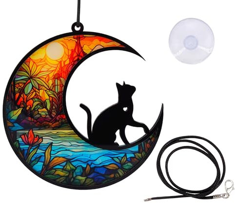 EANAGO Fensterbild >Katze< Deko Fenster - Windspiel - Fensterdeko hängend - Sonnenfänger Fenster - Gartendeko - Suncatcher - Durchmesser 12 cm - mit Saugnapf und Seil (Katze2)