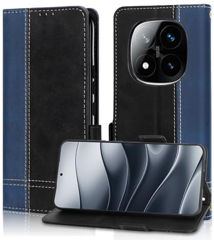Coque pour Xiaomi Redmi Note 14 Pro 5G/Redmi Note 14 Pro+ Plus 5G, Magnétique Rabat Portefeuille Cuir Etui, Silicone TPU Bumper Pochette Housse, Flip Porte Cartes Support Antichoc Case Cover Noir Bleu