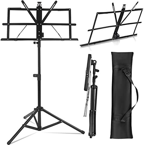 CROWNSHOP Music Stand Music Sheet Stand Heavy Metal Foldable Music Stand Adjustable Stand Base Tripod Orchestral Score Music Stand with Carrying Bag for Storage or Travel(Black)