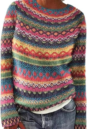 Dyhxuan Pullover Damen Vintage Strickpullover Große Größen Norweger Pulli Warm Bequem Winterpullover Elegant Sweater Rundhals Strickpulli Langarm Wollpullover Autumn Winter Oberteile Wollpulli