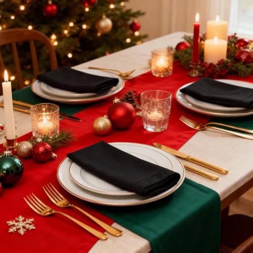 Encasa XO Stoffservietten Set von 12 | Reines Baumwolle mit Hohlsaum-Design | Schwarz | Quadratische Größe 43x43 cm | Tafelservietten – Waschmaschinenfest & Wiederverwendbar