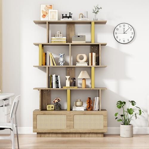 Dalred Libreria di alta qualità con ante in rattan e dispositivo di sicurezza, 105 x 31,7 x 160 cm, ripiani aperti, moderna libreria, scaletta, combinazione legno/metallo