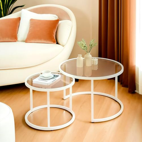 Ginhow Lot de 2 tables basses, rondes, en verre, avec verre marron et cadre en métal blanc, pour salon, diamètre 70 cm et 50 cm de diamètre