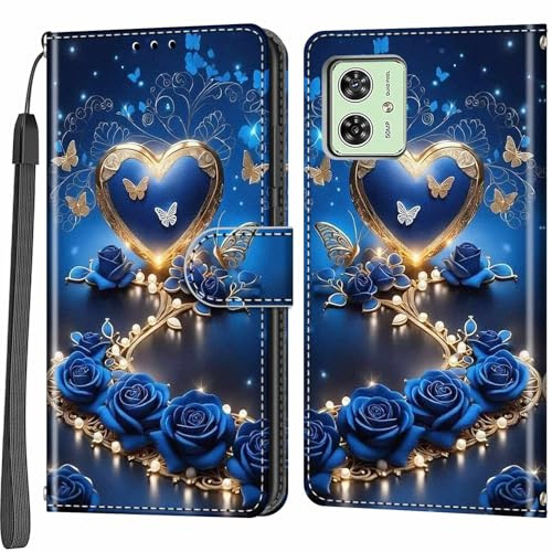 Haninsuze Handyhülle für Motorola Moto G54 5G, blaues Herz | Magnetisch, Stoßfest, Kartenfächer, Flip PU Leder, Brieftasche Schutzhülle, Ständer Klapphülle