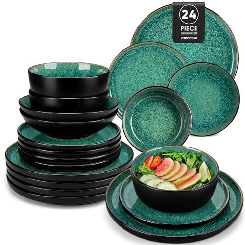 vancasso 24 Piece Dinner Set, Stoneware Plates and Bowls Set for 6, Mediterranean Style Dinner Sets in Vibrant Green, Playa Series Dinner Service Set for 6