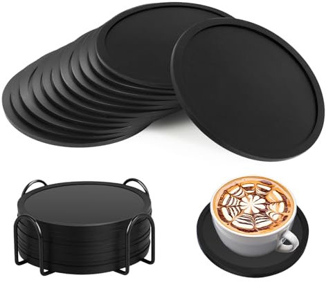 Posavasos - Coasters - Silicona Negra, Material Duradero, 12 Piezas,Antideslizante y Resistente al Calor, Protege Superficies de Manchas y Arañazos, Ideal para Hogar, Oficina y Bar