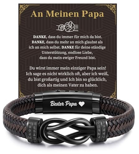 FLHEART Vatertagsgeschenk Papa Geschenk Armband Herren - Braun Herrenarmband mit Gravur Bester Papa für Vater, Verstellbare Lederarmband für Männer Geschenke für Vatertag Geburtstag