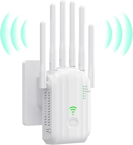 Ripetitore WiFi, Amplificatore di Segnale WiFi, 6 Antenne, 2 Porte LAN, Wifi Extender, Router/Ripetitore/AP Modalità, Copertura Completa a 360°, Copertura Fino a 300 m², per Casa e Ufficio (Bianco)