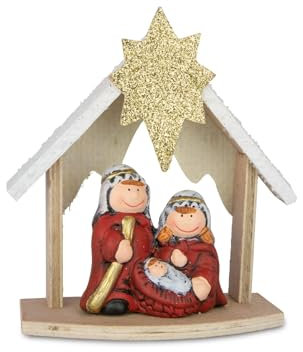 Riffelmacher Krippe mit 3 Figuren | Keramik & Holz | 14x15 cm | rot Gold | Weihnachtsdeko Krippenszene kompakt modern edel | Tischdeko | 12477