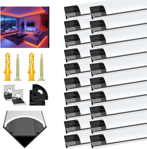 Schwarz LED Aluminium Profil für Led Streifen/Stripes/Strip, 20X1m V Form Aluprofil Eckprofil Alu Profile, Leiste Kanal Diffusor with Milchig Weißer Abdeckung, Montageclips (Kein Led-Streifen)