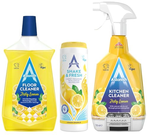 Astonish 3 Piece Yellow Household Cleaning Products Giftset Bundle – Kitchen Cleaner 750ml, Floor Cleaner Zesty Lemon 1L, Shake & Fresh Carpet Freshener 350g – Powerful Lemon Scented