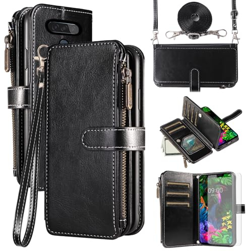 Asuwish Handyhülle für LG G8s ThinQ Hülle mit Band Folie Schutzfolie Kartenfach Klappbar Leder Geldbörse Ständer G 8s LMG810 Handy Hüllen Schutzhülle Reißverschluss Handyhüllen Phone Case Schwarz