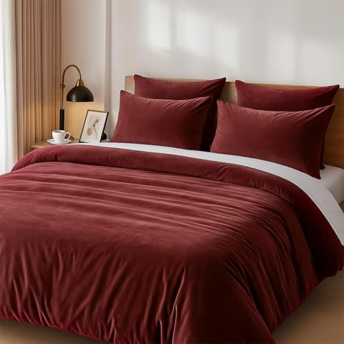 Lanqinglv Plüsch Bettwäsche 135x200 4Teilig Flauschig Winterbettwäsche aus Biber Flanell,Warme Cashmere Touch ÖKO-TEX Bettwäsche Set Weinrot Rot Bettbezug mit Reißverschluss und 2 Kissenbezug 80x80