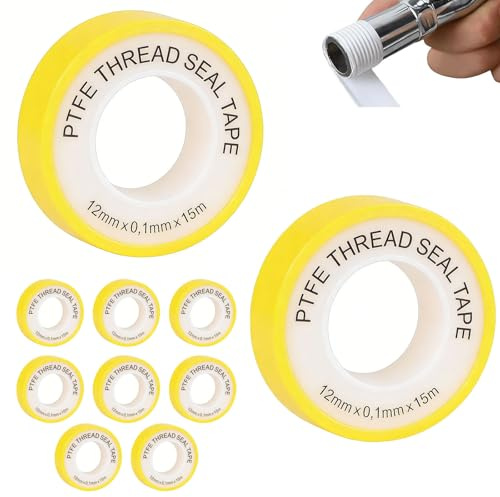 10-Pack PTFE Plumbers Tape 15m x 12mm for Sealing Pipe Joints & Water Leaks | 10 rolls of PTFE thread sealing tape for residue-free sealing of faucets, shower heads, and pipe connections.