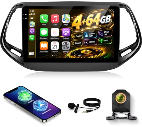 NHOPEEW 4+64G Android Autoradio für Jeep Compass 2017-2019 | Wireless Carplay & Android Auto–10-Zoll-Incell-Bildschirm, unterstützt WiFi, GPS, Lenkradsteuerung + Rückfahrkamera, Canbus