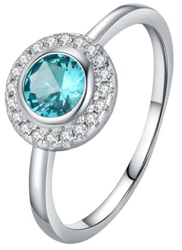 Lirzxin Wedding Promise Ring for Her, 18K White Gold Engagement Rings for Women Elegant Halo 0.5ct Round Lab Created Tourmaline and Moissanite White Gold Rings Size M 1/2