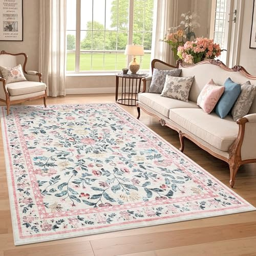 CAROMIO Vintage Blumenmuster Teppich Wohnzimmer 160x230 cm Kurzflor Rosa | Waschbarer Floraler Teppich für Schlafzimmer Kinderzimmer Esszimmer, Blumen, Boho, Rutschfest, Faltbar