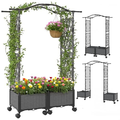 RELAX4LIFE Jardinière Surélevée avec Treillis, Arche Jardin avec 2 Jardinières sur roulettes, Montage Modulable sans Outil, Auto-Arrosage, Trous de Drainage, pour Plantes Grimpantes Légume Fleur