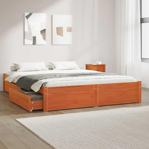 Hoopleep Bettrahmen Wachsbraun 120x200cm Massivholz Kiefer, mit 4 Rollschubladen, Langlebiges Stauraumbett für 2 Personen, Modernes Schlafzimmer-Bettgestell, Einfache Montage