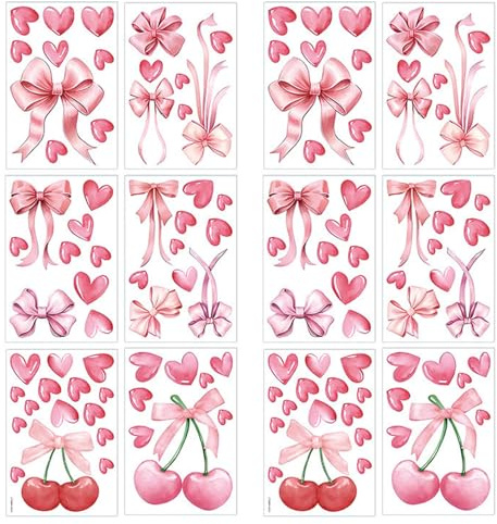 12 Sheets Girls Wall Stickers, Cherry Heart Pink Wallpaper, Watercolor Peel and Stick Wall Stickers for Bedrooms, Living Room, Nursery Room