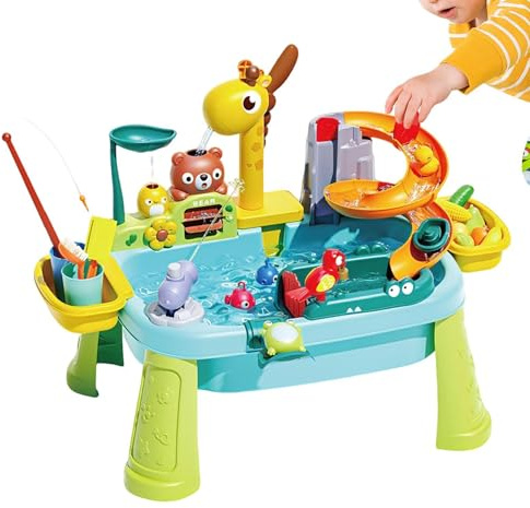 Minhaxue Giraffe Wasserspieltisch für Kinder, 4-in-1 Spielzeugwaschbecken mit Rutsche & Angeln Set, Outdoor Gartenspielzeug & Indoor Lernspielzeug für Kleinkinder 1-5 Jahre, 17 Zubehörteile