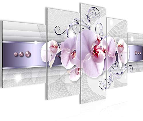 Runa Art - Bilder Blumen Orchidee 200 x 100 cm 5 Teilig XXL Wanddekoration Design Grau Violett 007951a