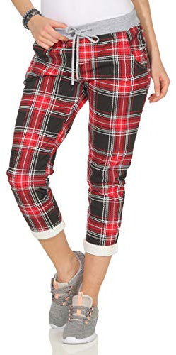 CLEOSTYLE Damen Jogginhose im Boyfriend-Style Sweatpants für Freizeit Sport und Fitness 9-2 (Karo/Rot Schwarz)