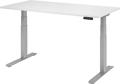 bümö elektrisch höhenverstellbarer Schreibtisch 160x80 cm in weiß, Gestell Silber mit Memory-Steuerung, elektrischer Bürotisch höhenverstellbar Gaming Tisch