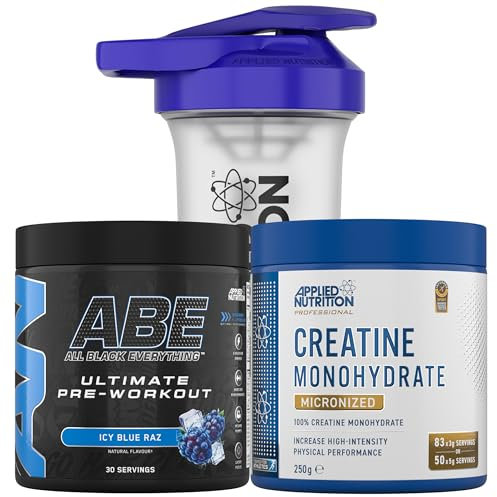 Applied Nutrition Bundle ABE Pre Workout 375g + Creatine 250g + 700ml Protein Shaker | All Black Everything Pre Workout Powder, Energy & Performance with Creatine, Beta Alanine (ICY Blue Raz)