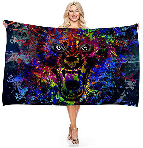 Treer Microfaser Strandtuch, Bunter Tiger Löwe Wolf 3D-Druck Rechteckig Sunscreen Badetuch Praktische Strandlaken Handtuch Campingdecke Yoga Sporthandtuch für Fitness Strand Pool (150x180CM,B)