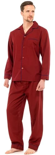 Mens Traditional Pyjamas 2 Piece Set Classic Style Plain Poly Cotton Pjs Nightwear Lounge Wear Sleepwear Suits Button Up Long Sleeve Shirt Tops Pants Trousers Bottoms(Burgundy, XL)