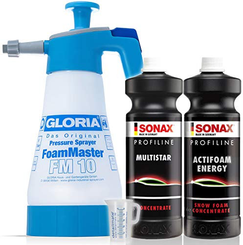 detailmate Universalreiniger Foam Set: SONAX ProfiLine MultiStar 1L + SONAX ProfiLine ActiFoam Energy 1L Messbecher 50ml skaliert + Gloria FM10 Schaumsprüher 1L, 3bar