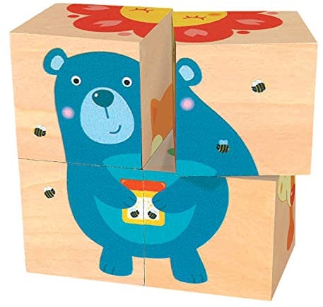 goki 57378 Würfelpuzzle Tiere 8 x 8 x 4 cm, 6 Verschiedene Designs, 4 Würfel
